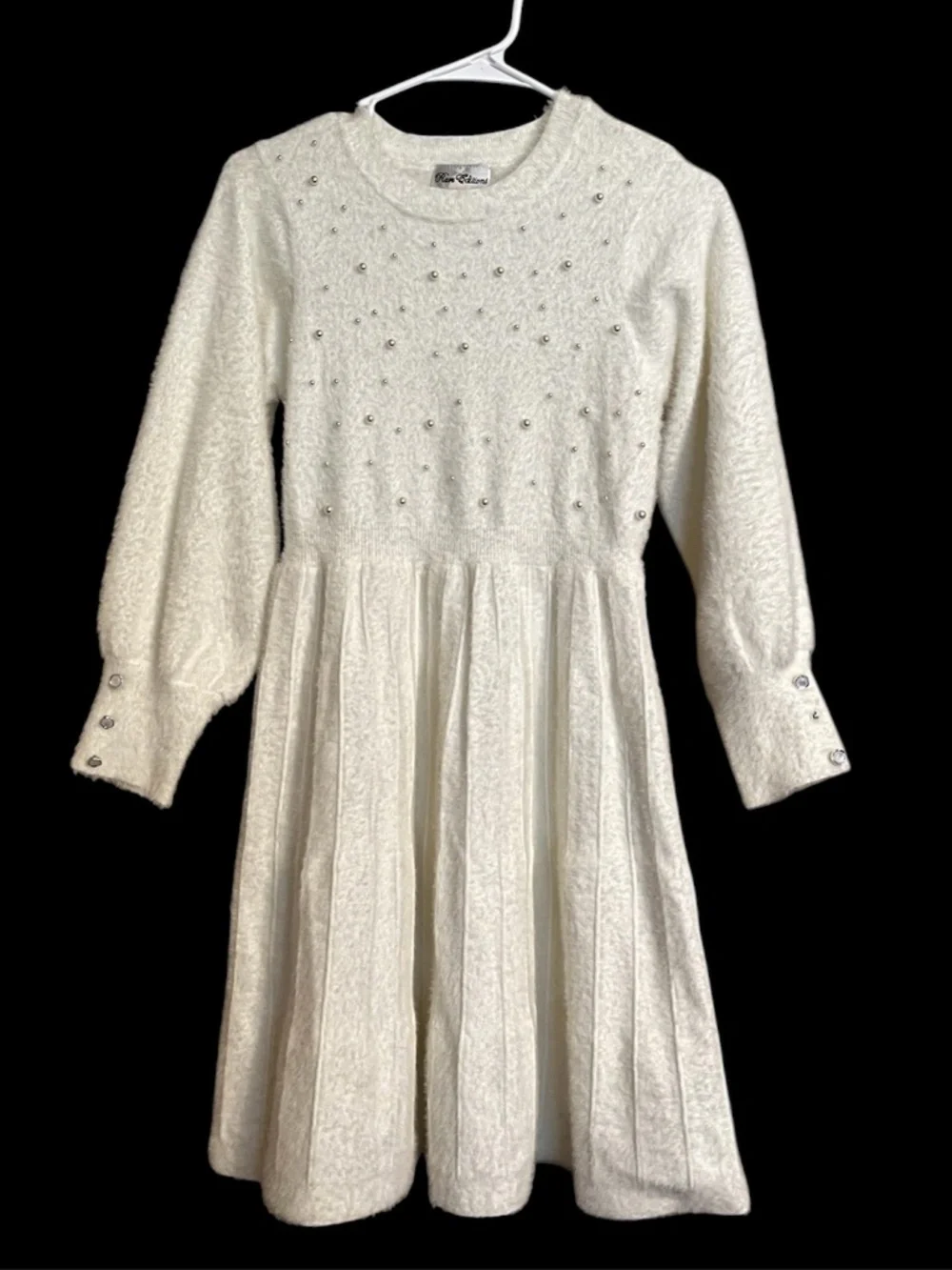 Rare Editions Girls Faux Pearl Embellished A-Line Sweater Dress in Cream Sz-10